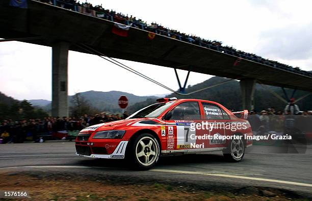 Francois Delecour and Daniel Grataloup in action driving the Mitsubishi Lancer Evo during the Spanish World Rally Championship in the Catalunyan...