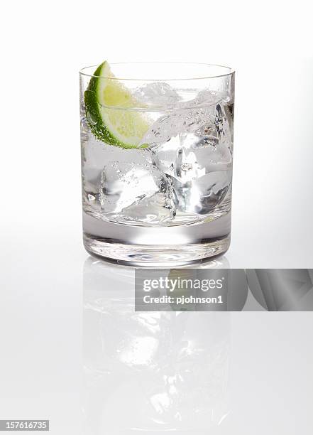 a glass of gin and tonic with ice and a slice of lime - gin stockfoto's en -beelden