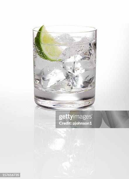 a glass of gin and tonic with ice and a slice of lime  - gin and tonic stock pictures, royalty-free photos & images