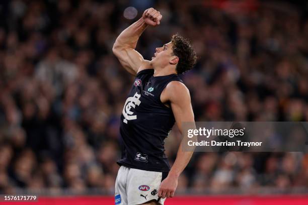 Charlie Curnow of the Blues celebrates a goal during the round 20 AFL match between Collingwood Magpies and Carlton Blues at Melbourne Cricket...