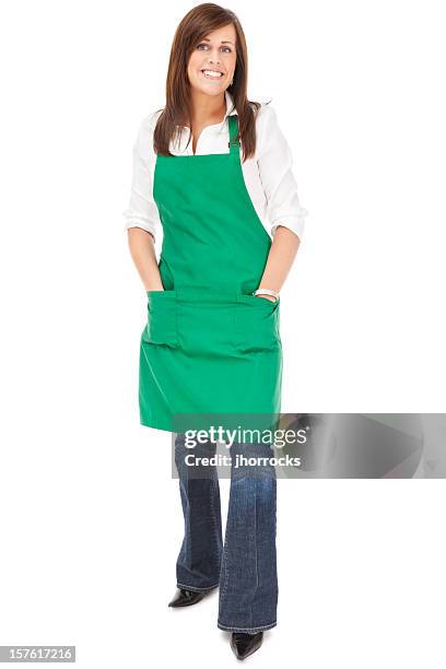 cheerful barista in green apron - apron stockfoto's en -beelden