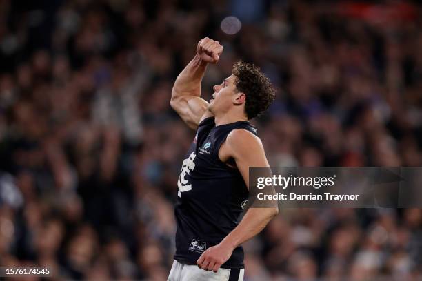 Charlie Curnow of the Blues celebrates a goal during the round 20 AFL match between Collingwood Magpies and Carlton Blues at Melbourne Cricket...