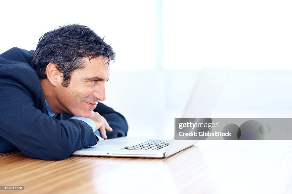 Smiling mid adult businessman looking at his laptop