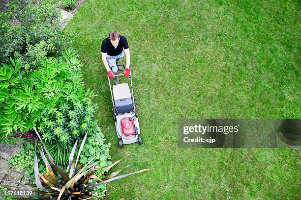 bird's eye view of gardener mowing lawn - cutting grass stock pictures, royalty-free photos & images