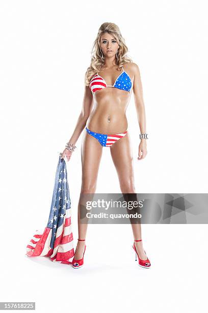 american 4th of july bikini on sexy young woman, flag - women in skimpy bathing suits stock pictures, royalty-free photos & images