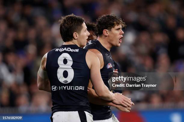 Charlie Curnow of the Blues celebrates a goal during the round 20 AFL match between Collingwood Magpies and Carlton Blues at Melbourne Cricket...