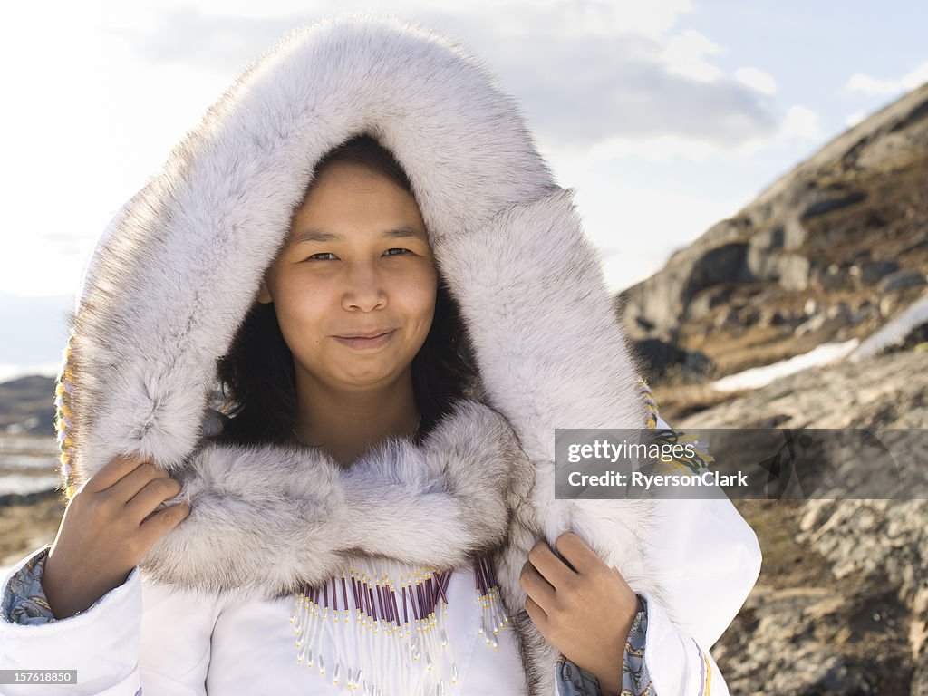 Inuit woman in traditional dress on Baffin Island