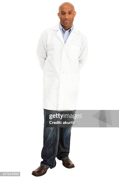 full length african american male wearing a white lab coat - scientist clean suit stock pictures, royalty-free photos & images
