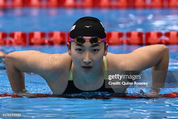 Rikako Ikee of Team Japan reacts after competing in the Women's 50m Butterfly Semifinal on day six of the Fukuoka 2023 World Aquatics Championships...