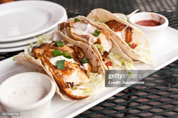 three fish tacos - tilapia stock pictures, royalty-free photos & images