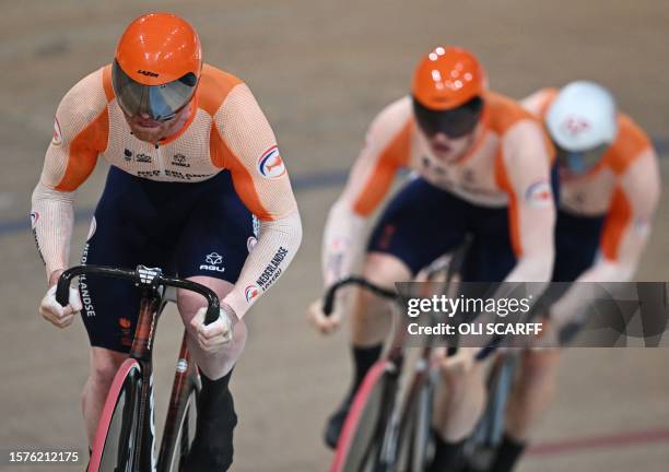 The Netherlands team set off to win gold in the men's Elite Team Sprint Final at the Sir Chris Hoy velodrome during the Cycling World Championships...