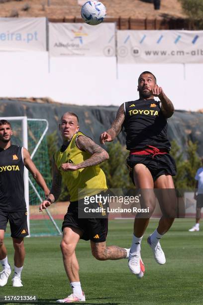 Roma players Rick Karsdorp and Stephan Leonardo Spinazzola during a training session at Estadio Municipal de Albufeira on July 28, 2023 in Albufeira,...