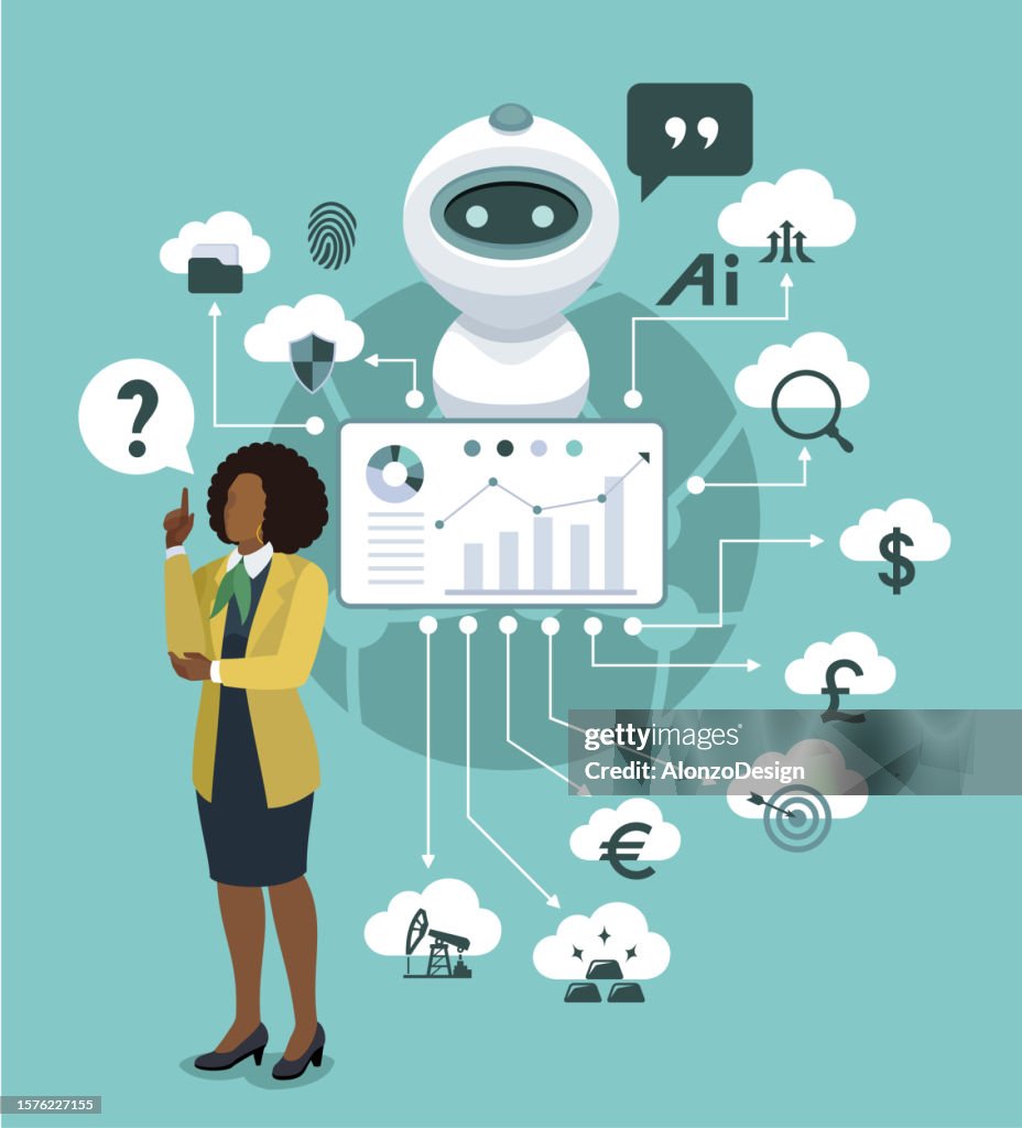 New Business Concept. Technology and finance trends. African American Businesswoman. Robot with character analyzing infographic. Artificial intelligence.