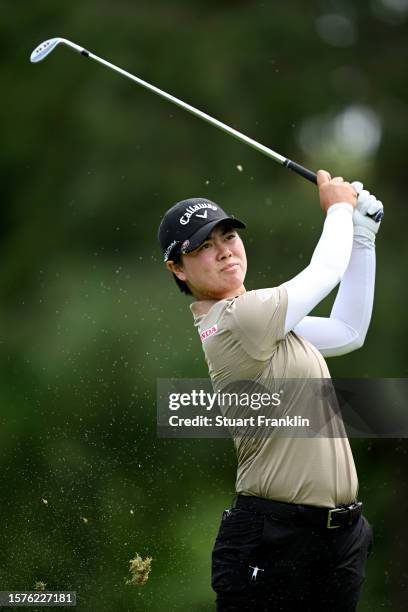 Yuka Saso of Japan looks on after playing her shot on the 18th hole during the Second Round of the Amundi Evian Championship at Evian Resort Golf...