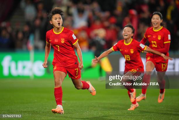 Wang Shuang of China PR celebrates after scoring her team's first goal during the FIFA Women's World Cup Australia & New Zealand 2023 Group D match...