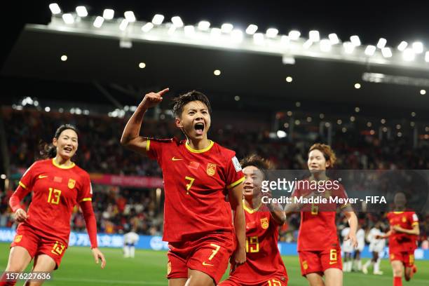 Wang Shuang of China PR celebrates with teammates after scoring her team's first goal during the FIFA Women's World Cup Australia & New Zealand 2023...