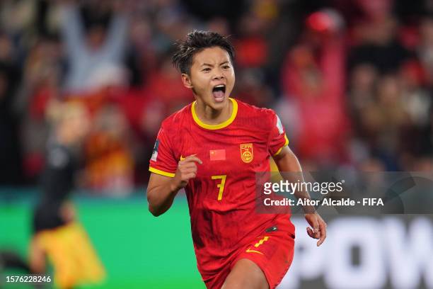 Wang Shuang of China PR celebrates after scoring her team's first goal during the FIFA Women's World Cup Australia & New Zealand 2023 Group D match...