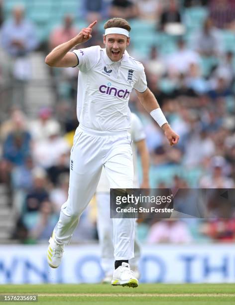 England bowler Stuart Broad celebrates after taking his 150th Ashes test wicket, that of Usman Khawaja during day two of the LV= Insurance Ashes 5th...