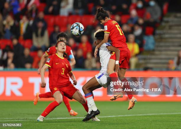 Roseline Eloissaint of Haiti is challenged by Chen Qiaozhu of China PR during the FIFA Women's World Cup Australia & New Zealand 2023 Group D match...