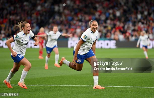 Lauren James of England celebrates scoring the first goal during the FIFA Women's World Cup Australia & New Zealand 2023 Group D match between...