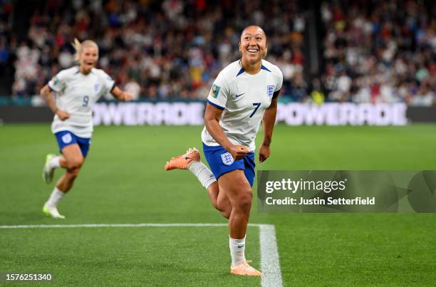 Lauren James of England celebrates scoring the first goal during the FIFA Women's World Cup Australia & New Zealand 2023 Group D match between...