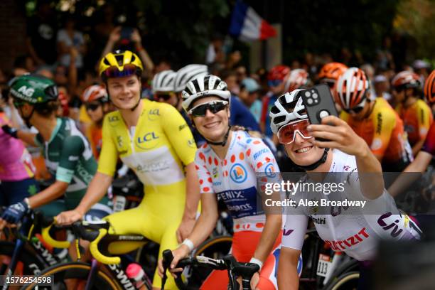 Cédrine Kerbaol of France and Team CERATIZIT-WNT Pro Cycling - White Best Young Rider Jersey takes a selfie prior to the 2nd Tour de France Femmes...