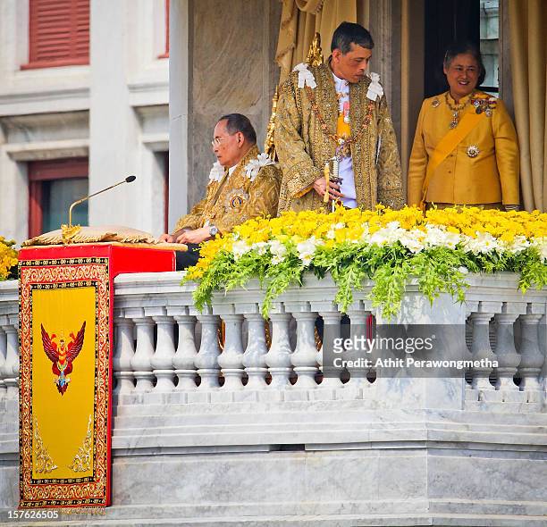 Thailand's King Bhumibol Adulyadej is accompanied by Crown Prince Vajiralongkorn and Princess Maha Chakri Sirindhorn on the occasion of his his 85th...
