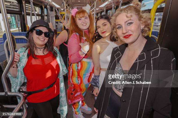 Inglewood, CA A bus load of Swifties ride a free shuttle bus from the Metro C Line Station to SoFi stadium to see Taylor Swift perform her first of...