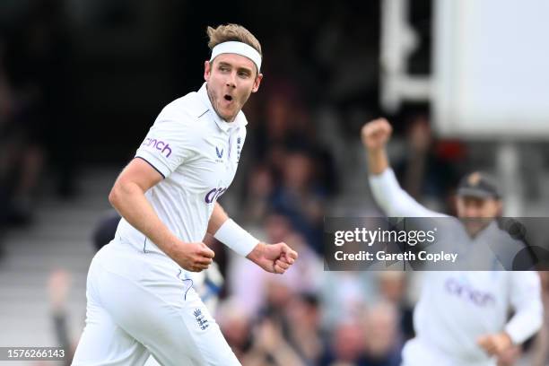 Stuart Broad of England celebrates taking the wicket of Travis Head of Australia during Day Two of the LV= Insurance Ashes 5th Test Match between...