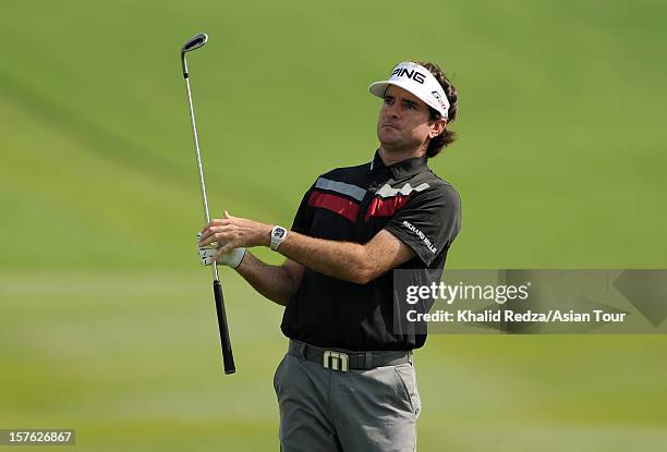 Bubba Watson of United States plays a shot ahead of the Thailand Golf Championship at Amata Spring Country Club on December 5, 2012 in Bangkok,...