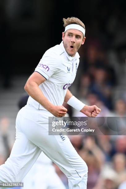 Stuart Broad of England celebrates taking the wicket of Travis Head of Australia during Day Two of the LV= Insurance Ashes 5th Test Match between...