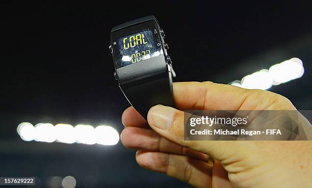 Referee's watch built with GoalRef technology during the Goal-Line Technology demonstration at International Stadium Yokohama on December 5, 2012 in...