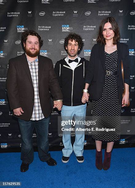 Actors Michael Govier, Spencer Susser and Karolina Wydra arrive to the after party for the premiere of "Four Stories" at The W Hotel on December 4,...