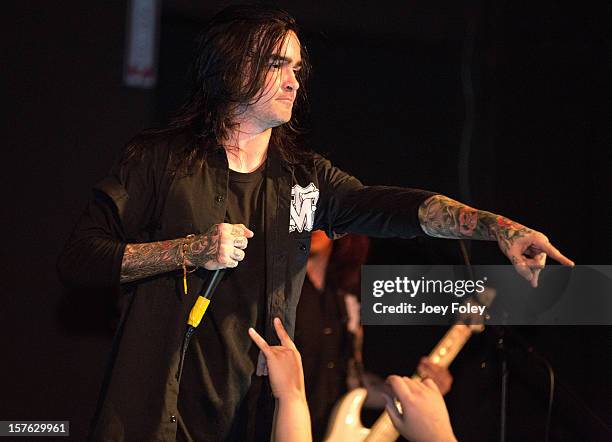 Vocalist Chris Roetter of the metalcore band Like Moths to Flames performs at The Irving Theater on December 4, 2012 in Indianapolis, Indiana.