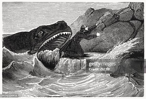 jonah and the whale (jonah 2), wood engraving, published 1835 - old testament stock illustrations