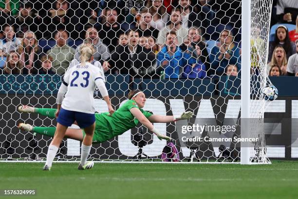 Denmark goalkeeper Lene Christensen attempts to save a goal by Lauren James of England during the FIFA Women's World Cup Australia & New Zealand 2023...