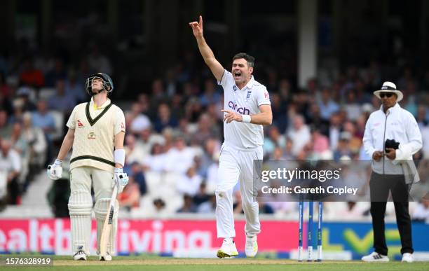 James Anderson of England celebrates taking the wicket of Mitchell Marsh of Australia during Day Two of the LV= Insurance Ashes 5th Test Match...