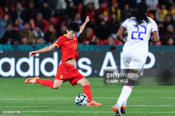 Wang Shanshan of Team China kicks the ball during the FIFA Women's World Cup Australia & New Zealand 2023 Group D match between China and Haiti at...