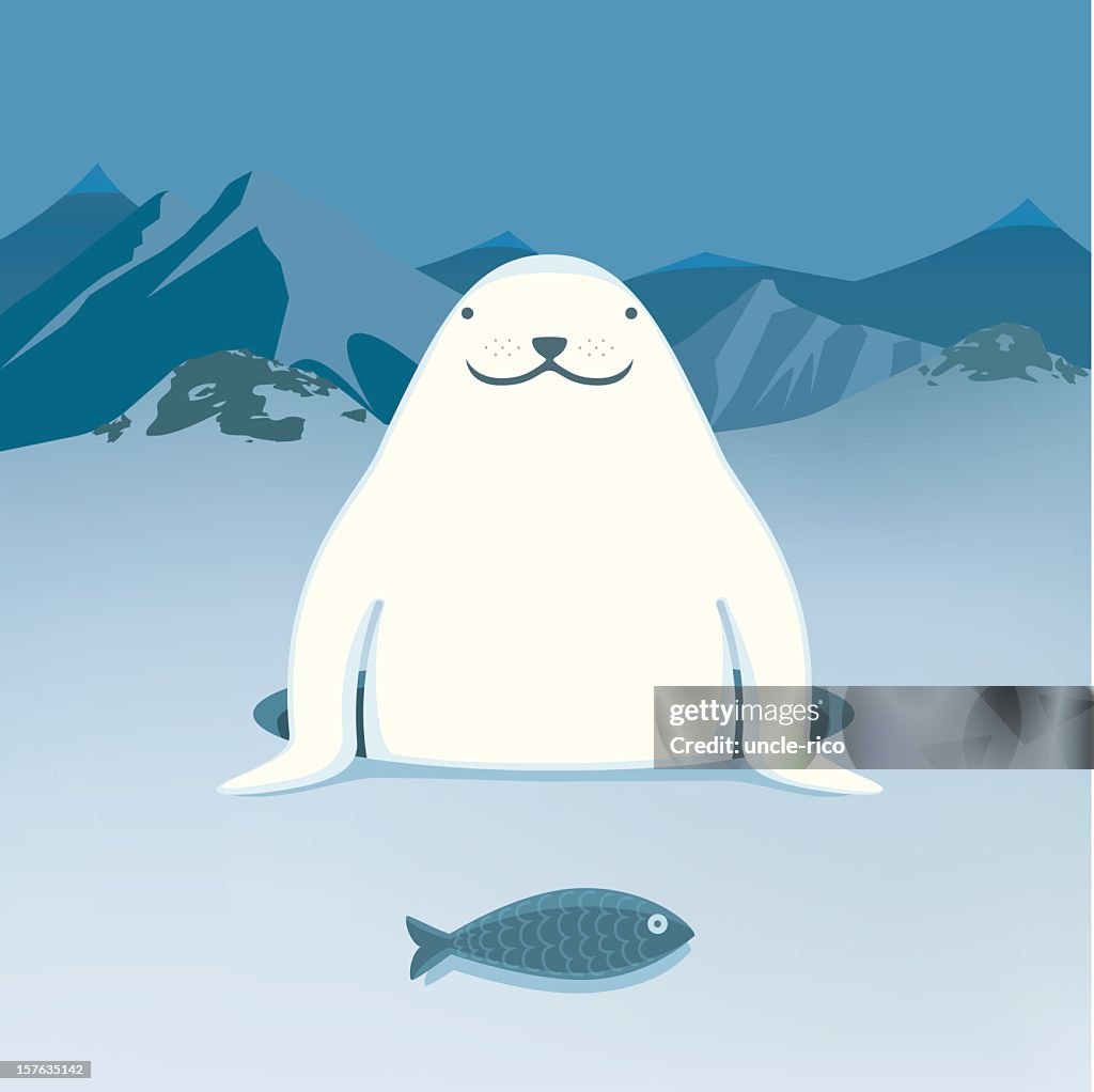 Harp Seal with fish cartoon character