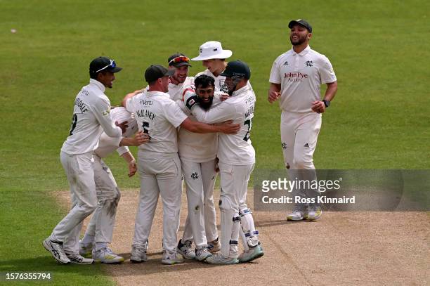 Haseeb Hameed of Nottinghamshire is congratulated after taking the final Kent wicket during the LV= Insurance County Championship Division 1 match...