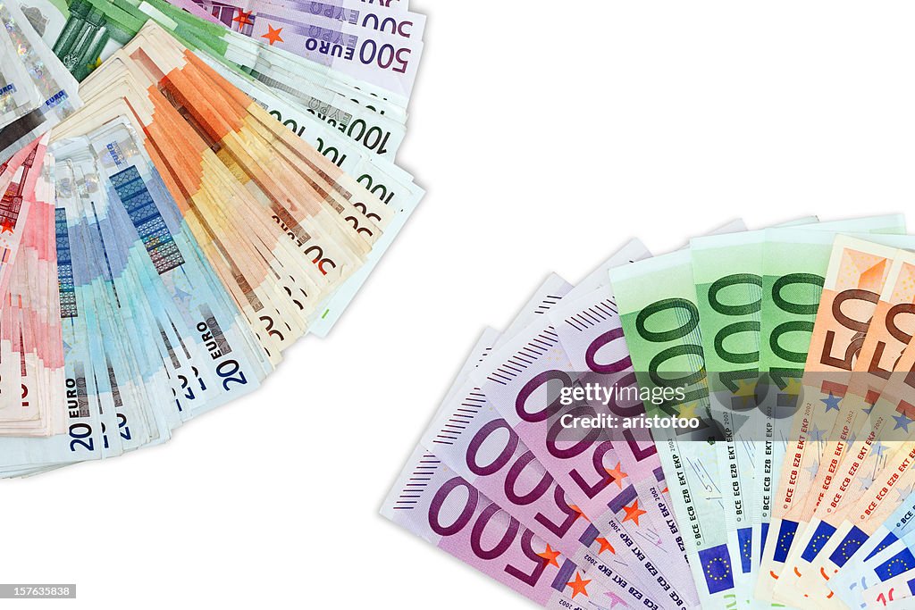 Fanned Out European Union Currency. Isolated on White.