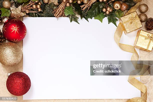 a blank white space surrounded by christmas decorations - christmas card stockfoto's en -beelden