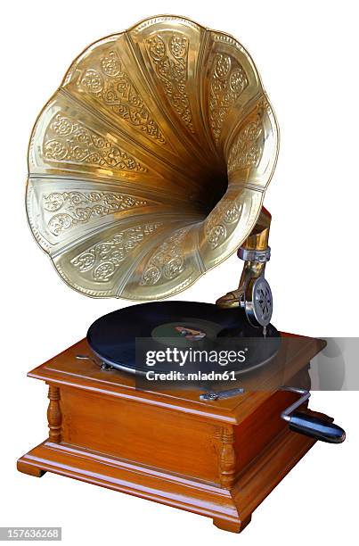 old record player with horn on white background - gramophone stockfoto's en -beelden