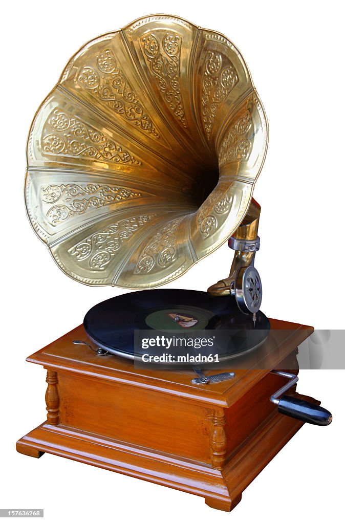 Old record player with horn on white background