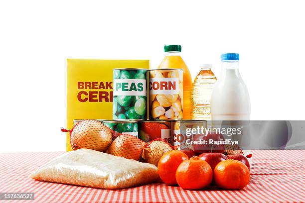 variety of fresh, canned &amp; packaged foods, isolated on white - rice food staple stockfoto's en -beelden