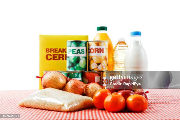 variety of fresh, canned &amp; packaged foods, isolated on white - canned food on white stock pictures, royalty-free photos & images