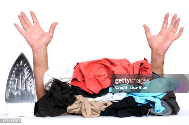 busy house husband hands raised and clothes to iron - huisman stockfoto's en -beelden