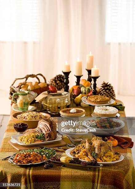 traditional holiday dinner laid out buffet style - thanksgiving plate of food stock pictures, royalty-free photos & images