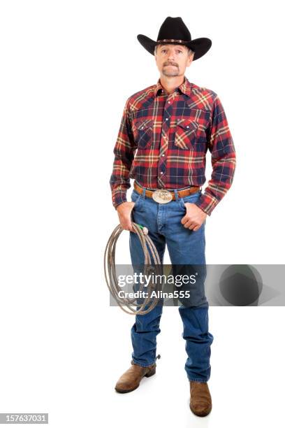 retrato de un moderno cowboy sobre fondo blanco - vaquero fotografías e imágenes de stock