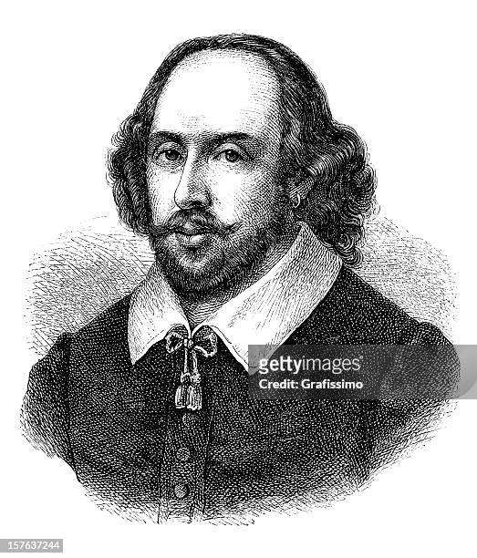 engraving of english poet william shakespeare from 1870 - shakespeare portrait stock illustrations